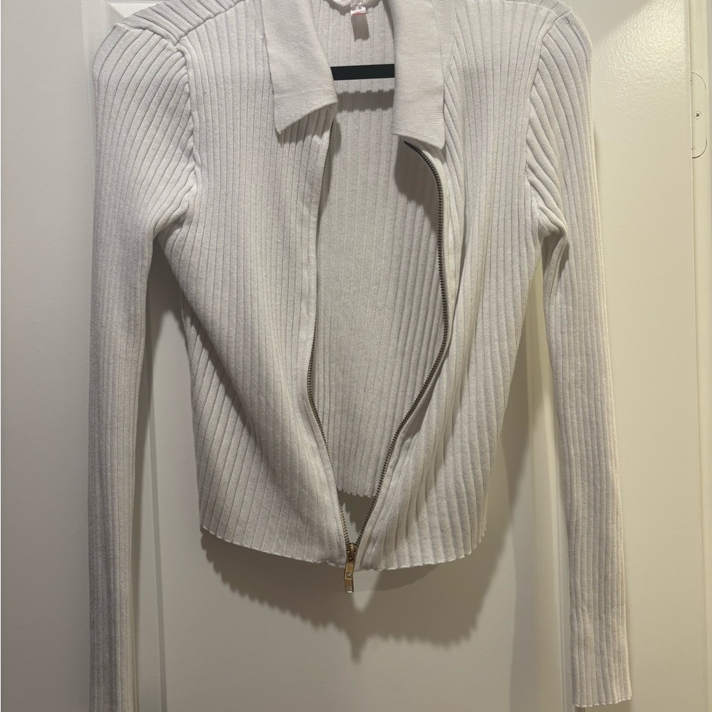 White Ribbed Zip-Up Sweater